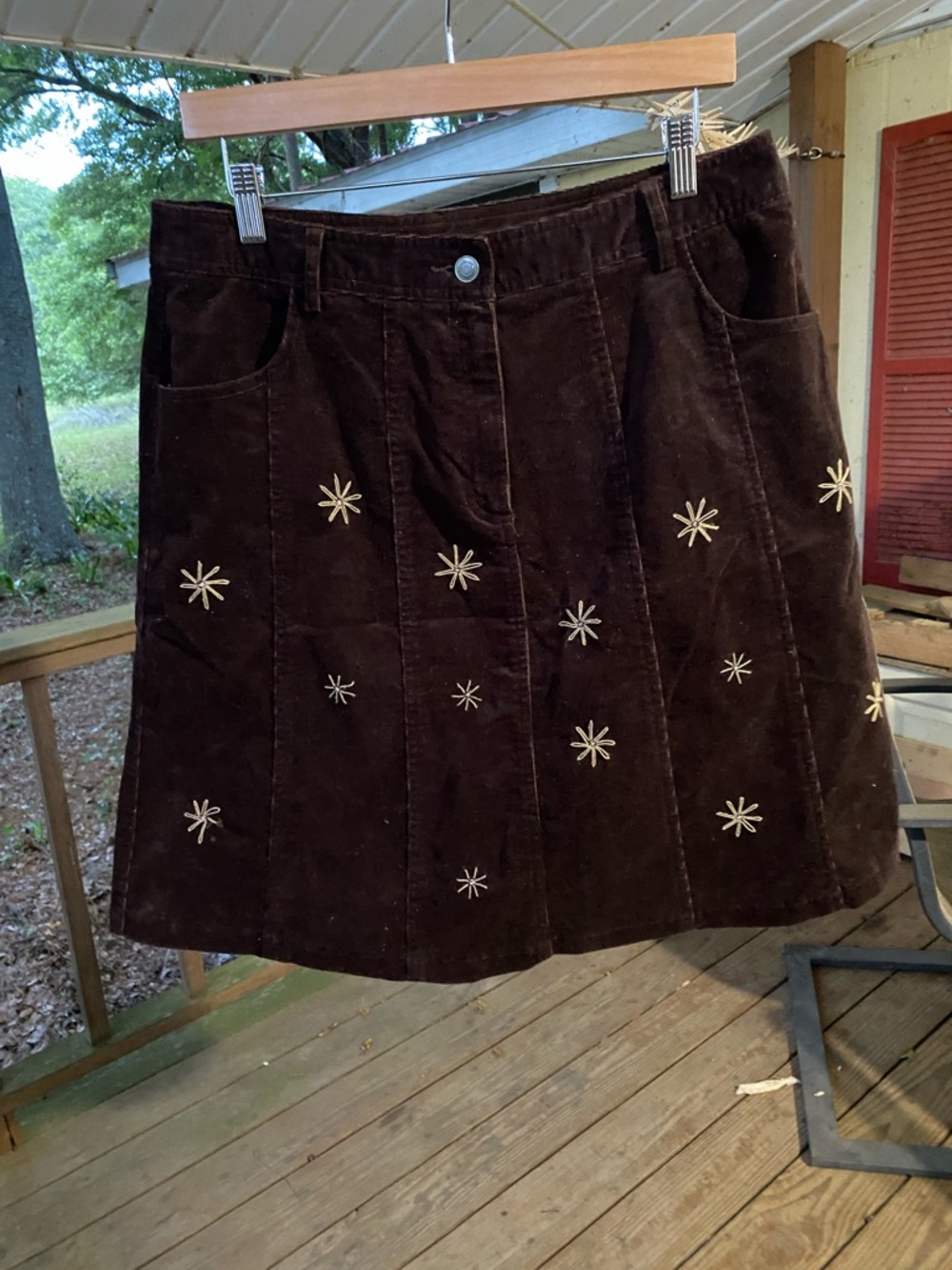 Corduroy Embroidered Skirt - Dark Brown